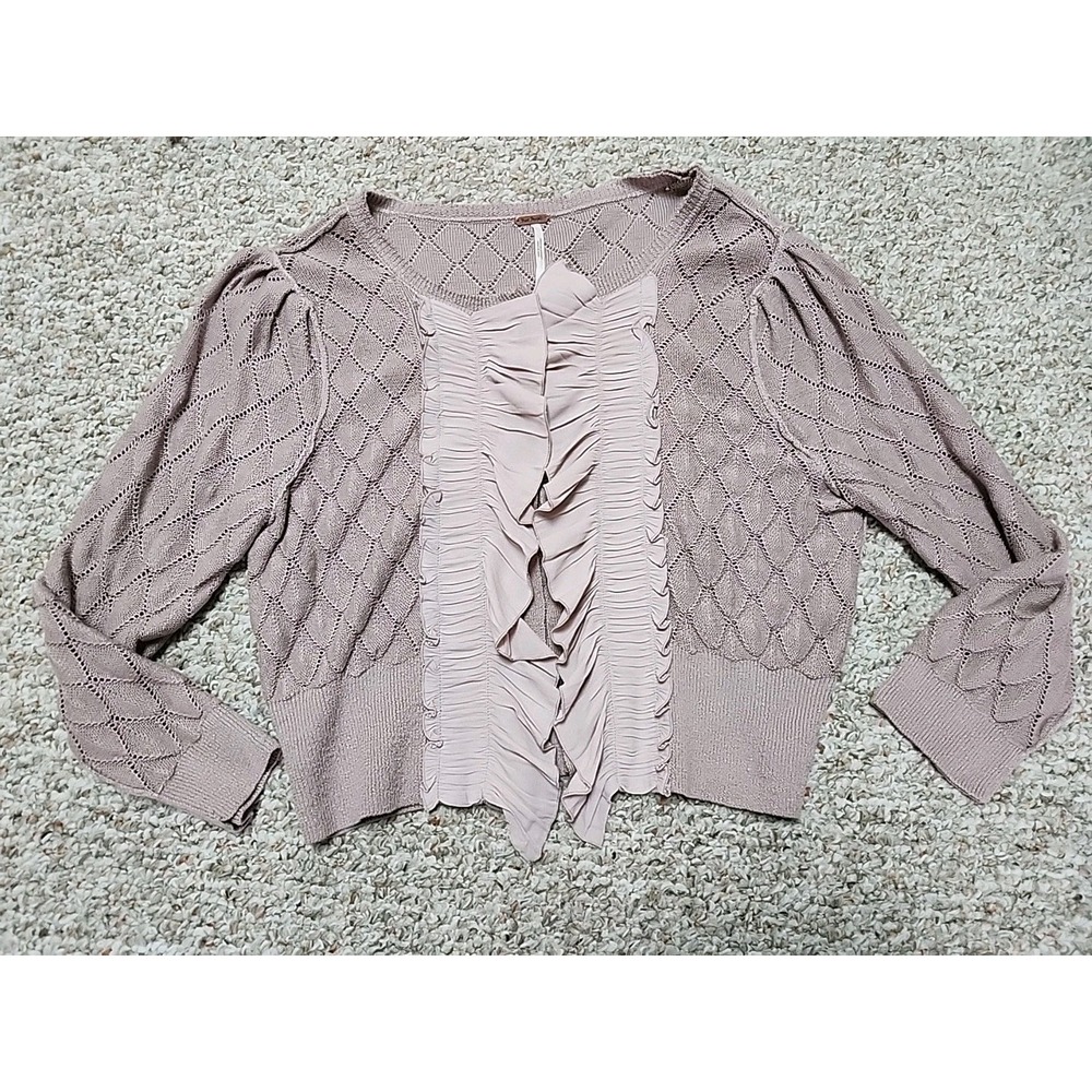 Free People Mauve Ruffles Cardigan Size S Diamond Pattern Linen Blend - Picture 1 of 16